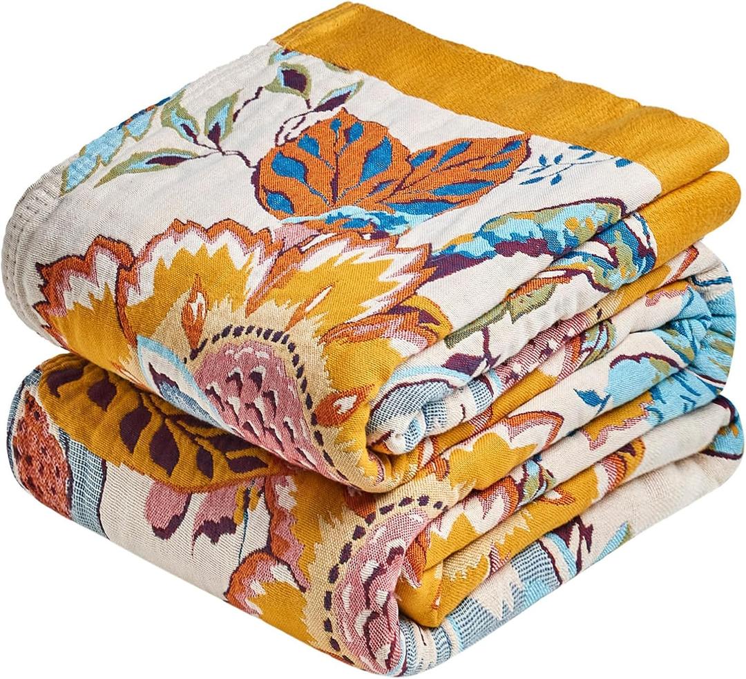 Boho Throw Blanket - 60"x80" 100% Cotton Ultra Soft Lightweight Summer Blanket, 4-Layer Breathable Muslin Blankets for Bed Couch, Reversible Green Floral Butterfly Printed Bohemian Cotton Quilt