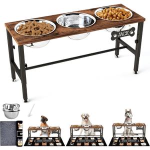 SHAINFUN Adjustable Height Elevated Dog Bowl Stand – Wooden Raised Dog Bowls with Three 58oz Stainless Steel Bowls & Mat for Small to Large Dog Breeds