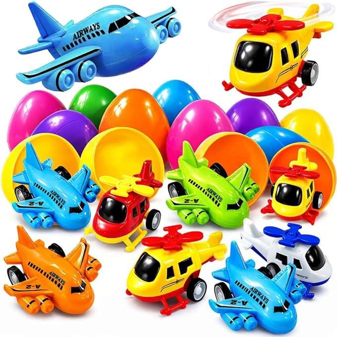 Stargo 16 Pack Colorful Prefilled Easter Eggs bulk with toys mini Aircraft, pullback Helicopters & Airplanes. Plastic Easter Eggs Filled, Basket Fillers Egg Hunts, Party Favors, Boys Goodie Bags