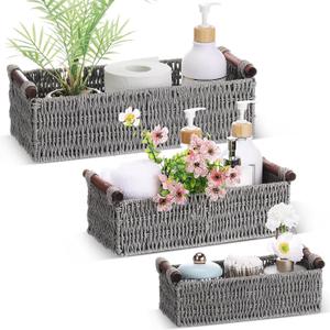 Boao 3 Pcs Boho Storage Wicker Baskets Handmade Woven Decorative Paper Rope Baskets for Organizing with Handle Countertop Toilet Paper Storage Container for Toilet Tank Top (Grey, Rectangle)