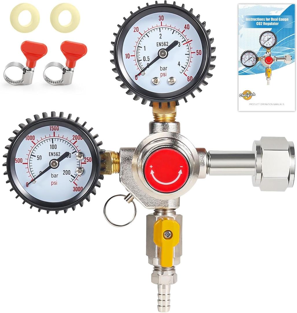 Co2 Regulator for Kegerator - CGA320 Draft Beer Regulator Kegerator Regulator, Dual Gauge Brewing Keg Regulator, Co2 Tank Regulator Kegerator Parts, Co2 Pressure Regulator with 2 Hose Clamps