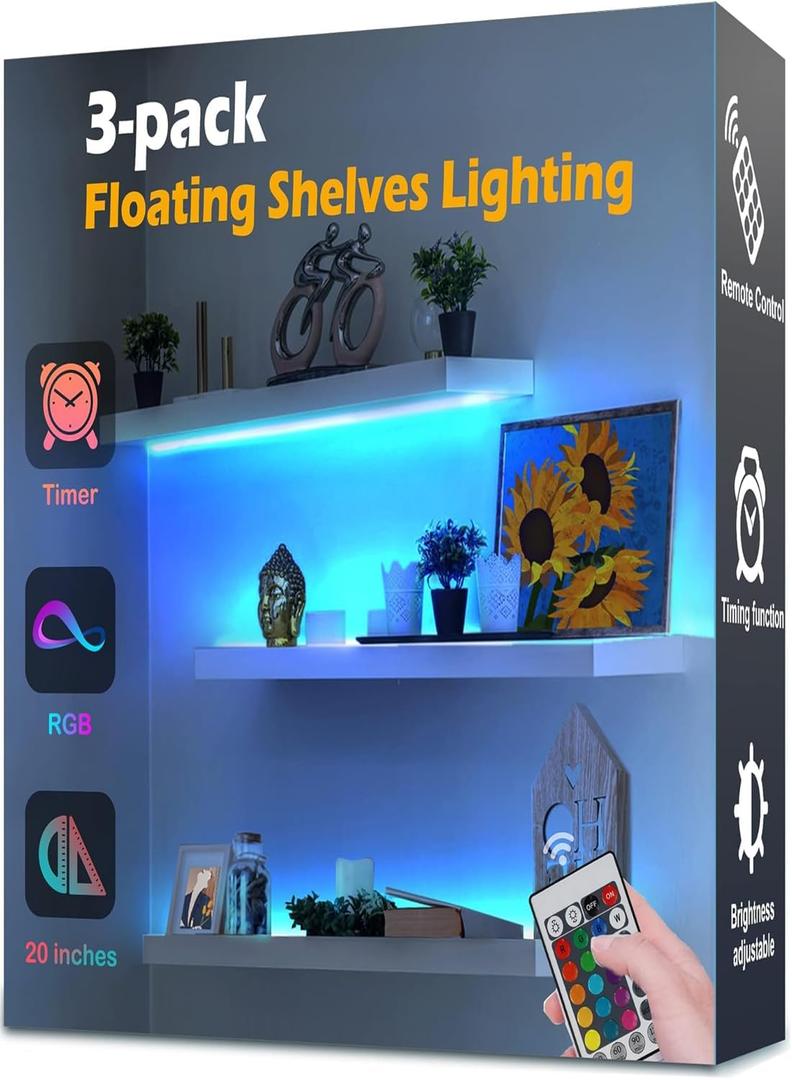 3Pack Shelf Lights, Upgrade Battery Operated 20inch Led Strip Lights with Remote, Color Change with Timer Floating Shelves LED Wall Lights, DIY Led for Bedroom, Kitchen, Indoor Room Decor