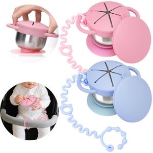 Palksky Snack Cups Stainless Steel for Toddlers Spill Proof with,2 Pack Toddler Snack Containers for kids with Suction Cup and Antiloss rope