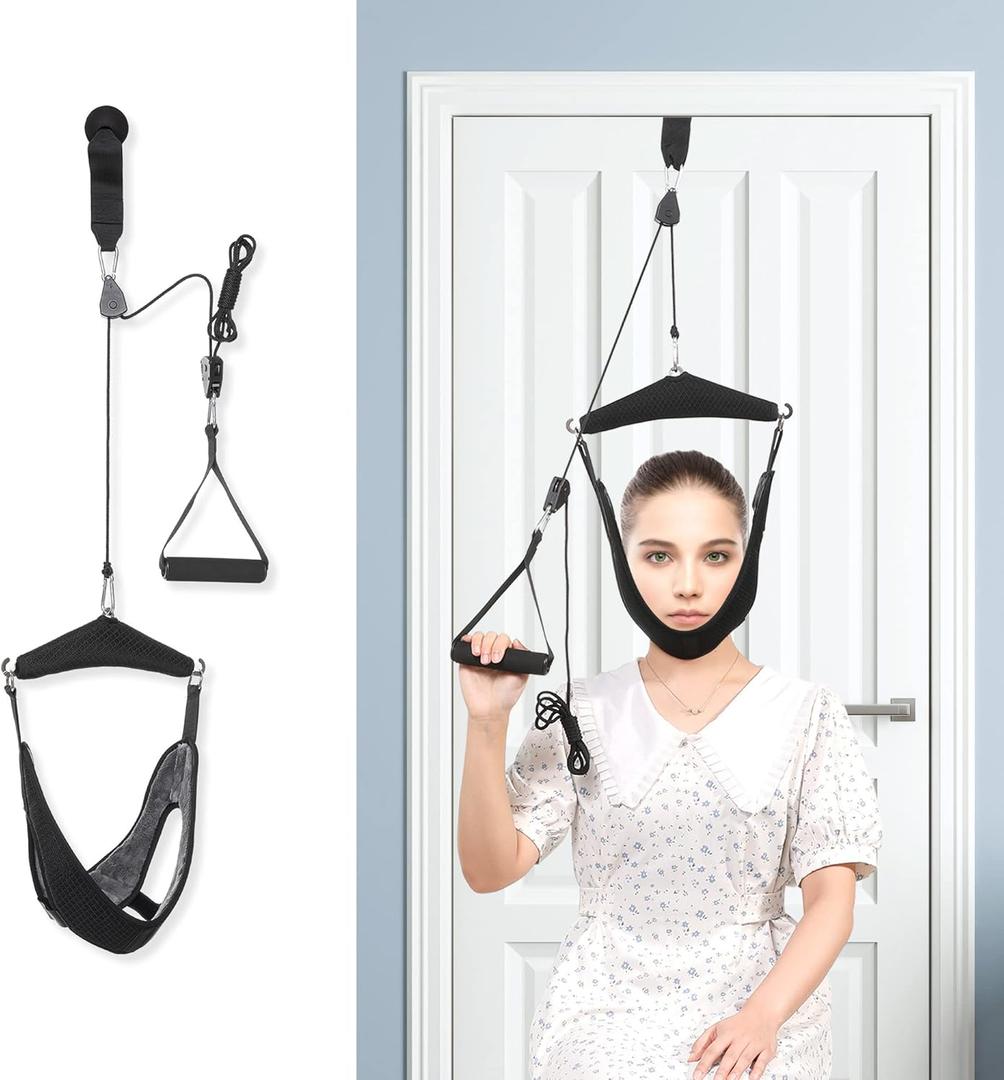Upgraded Cervical Neck Traction Device, Double Ratchet Neck Tension Relief Portable Over The Door Device, for Physical Therapy, Neck Pain Relief, Vertebrae Disk Herniation, Black