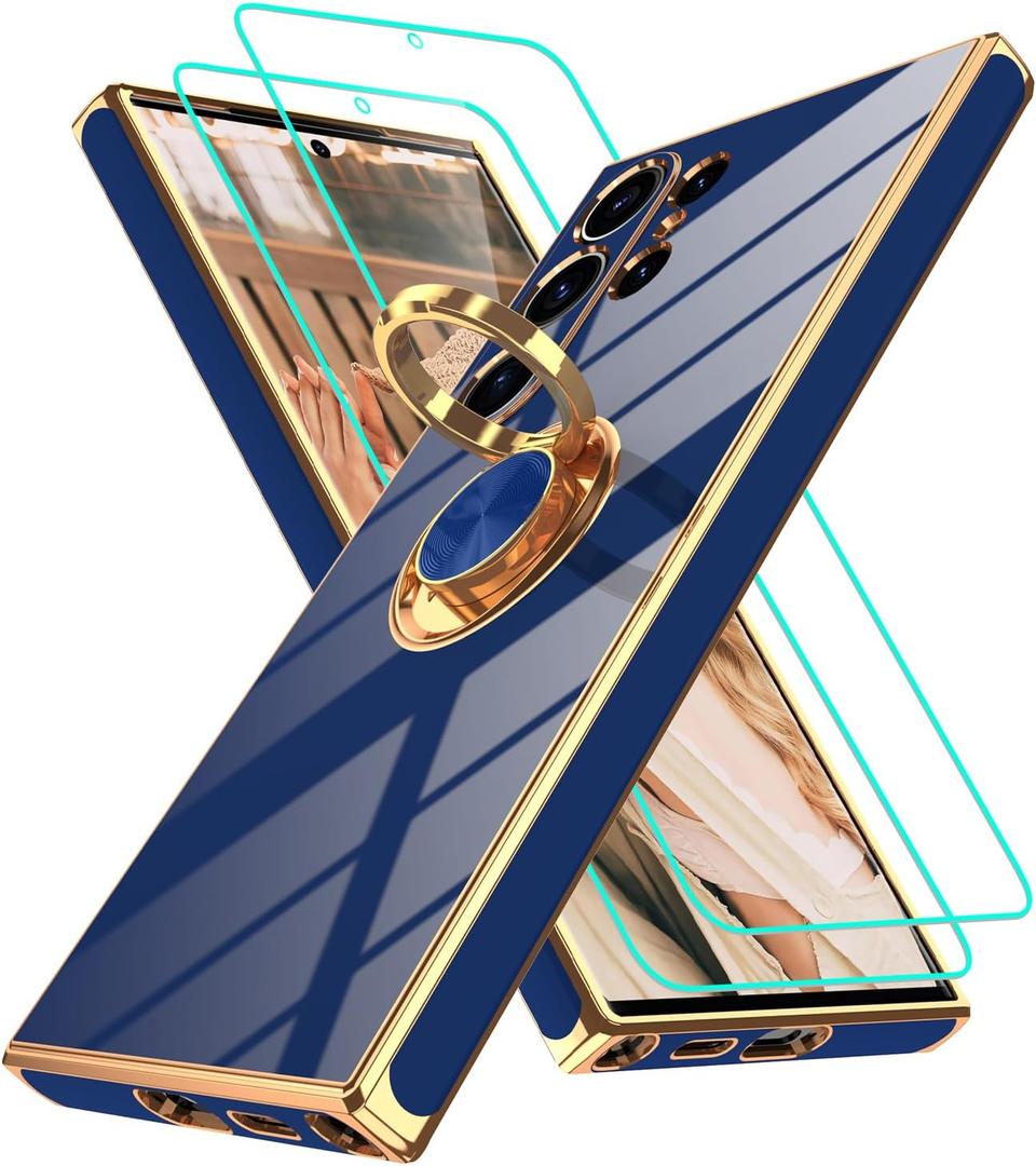 Gritup for Samsung Galaxy S24 Ultra Case: with 2Pcs Screen Protector, 360 Rotation Ring Holder Magnetic Kickstand Plating Gold Edge Soft TPU Shockproof Protective Cover for S24 Ultra, Blue