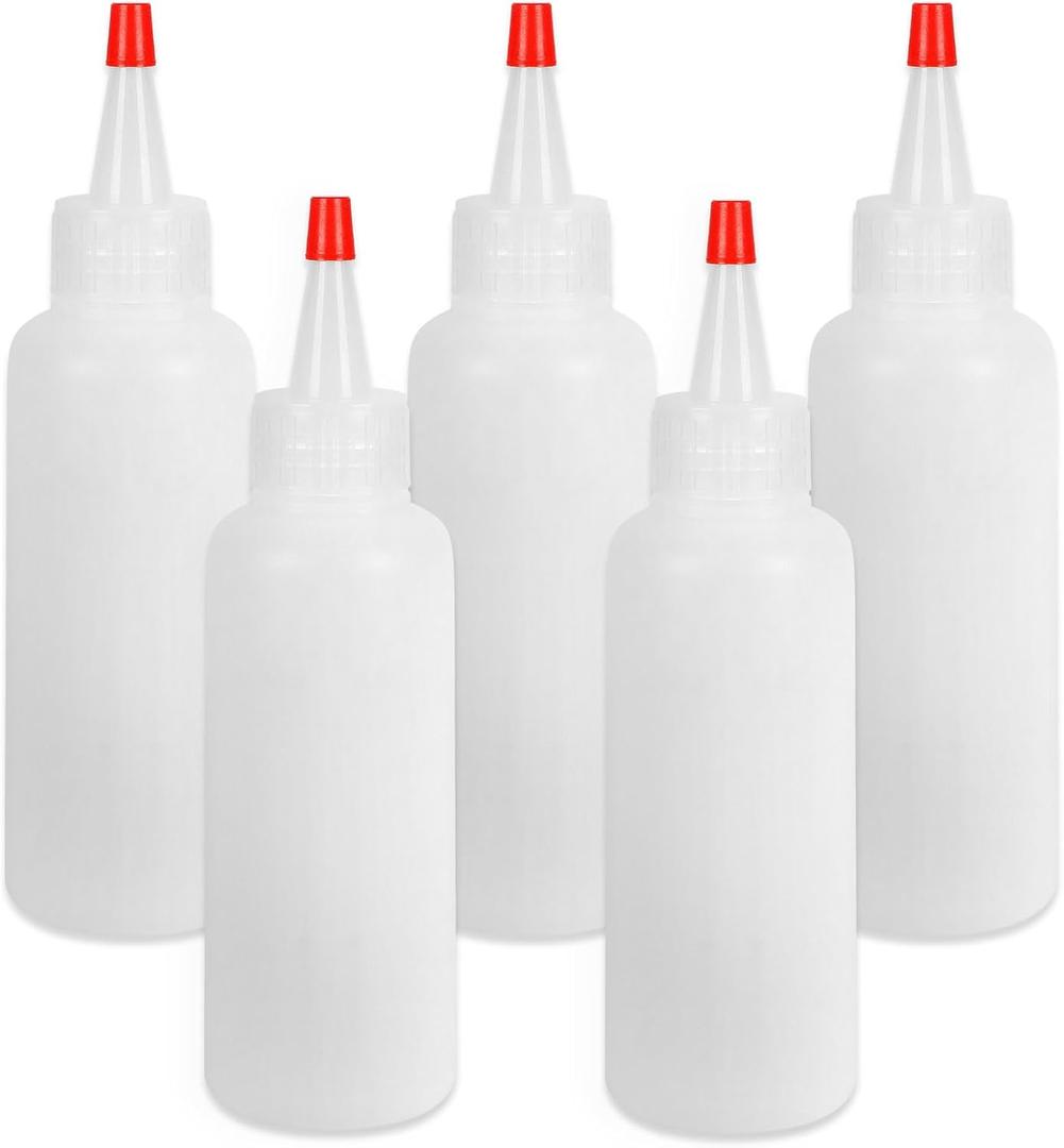 5Pcs Squeeze Bottles, 4 Oz Plastic Condiment Squeeze Bottles with Red Twist Top Cap, Empty Squeeze Bottles for Sauces, Ketchup, Mustard, Syrup, Oil, Dressings, Travel, Lab, and Crafts