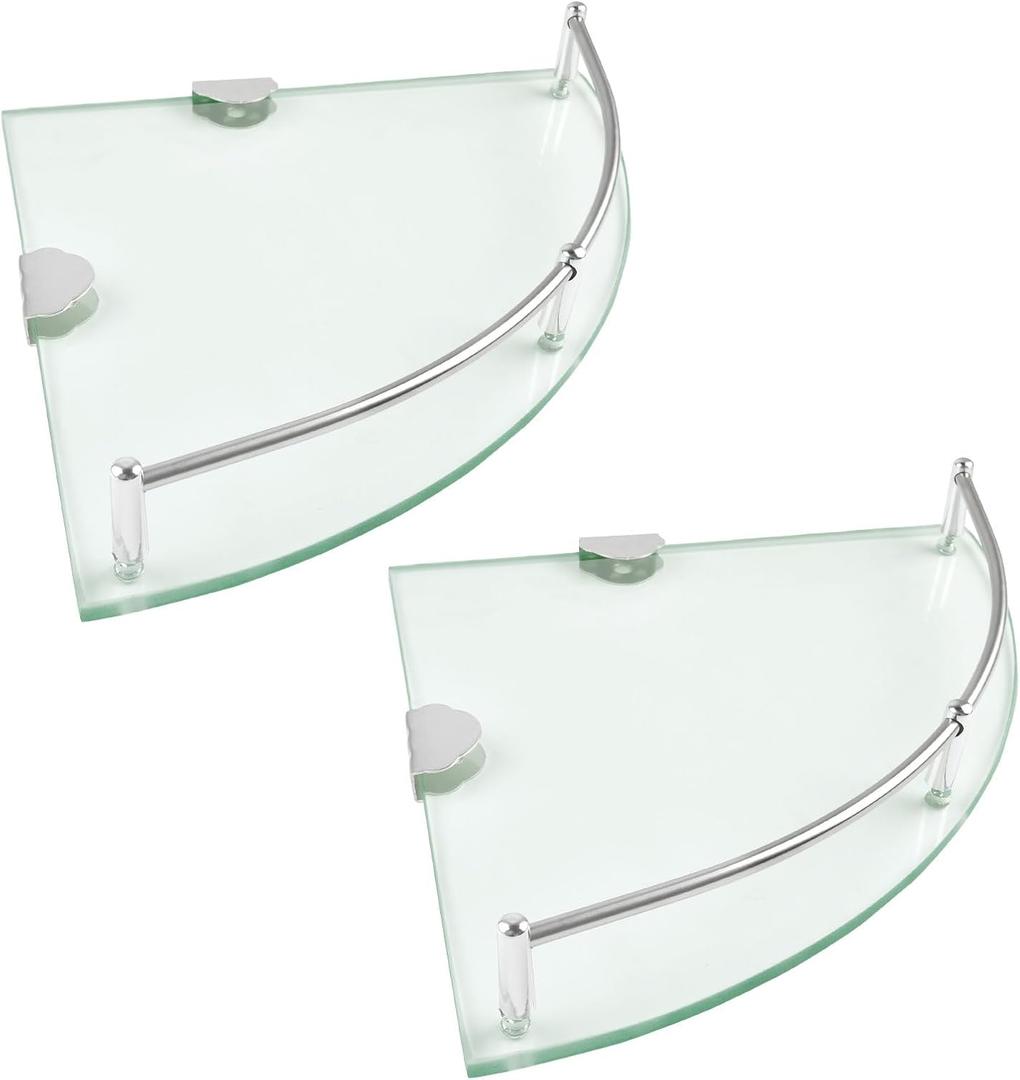 Pack of 2 Glass Corner Shelf, Corner Shower Shelf with Stainless Steel Rails, Tempered Glass Shower Caddy, Wall Mounted Glass Shelf for Bathroom Organization, 9.25x9.25x0.24 in, Silver