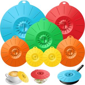 7 Pack Silicone Lids, Microwave Splatter Cover, 5 Sizes Reusable Heat Resistant Food Suction Lids fits Cups, Bowls, Plates, Pots, Pans, Skillets, Stove Top, Oven, Fridge BPA Free