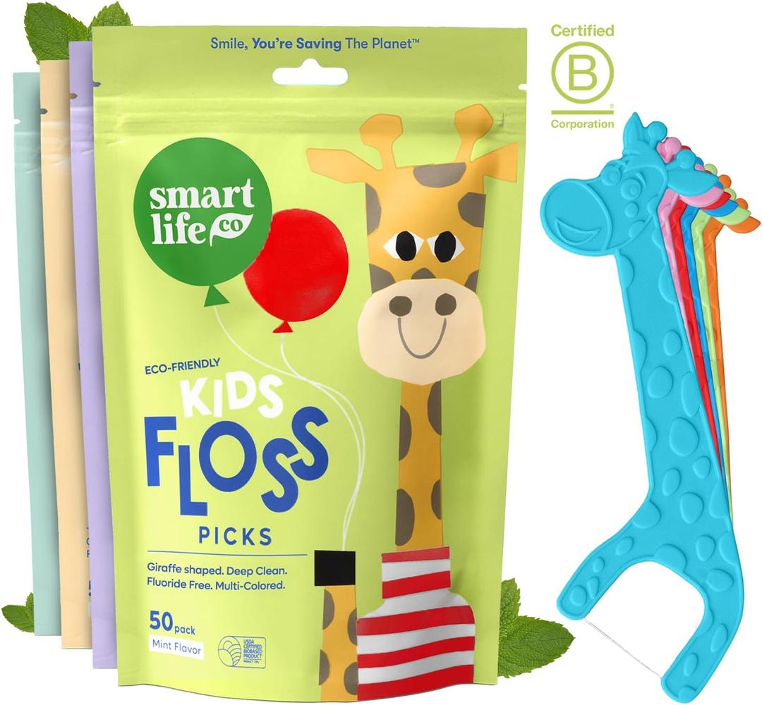 SmartLifeco Eco-Friendly Kids Flossers (200ct) - Dental Floss Picks for Children Made with Straw Wheat, Fluoride & PFA Free, Toothpick Flossing Sticks for Toddler Teeth, No Shred Thread, Mint (1 Count (Pack of 200))