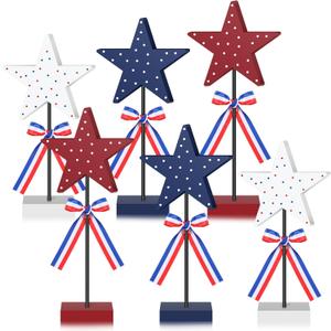6 Pcs Patriotic Table Decor Memorial Day Table Decorations Wooden Star Tiered Tray Decor Patriotic Red White Blue Tabletop Centerpiece Tall Standing for Veterans Independence Day Home Office