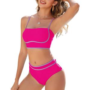 Urchics High Waisted Bikini Sets for Women Color Block Sporty Two Piece Swimsuits Straps Modest Bathing Suits (Pink, M)