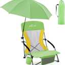 Homcosan Portable Low Folding Beach Chair with Detachable Umbrella - Lightweight Camping Chair for Adults with Cup Holder & Storage Pocket, Carry Bag Included (Green & Yellow)