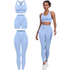 3 Piece Workout Sets for Women Butt Lifting Leggings with High Impact Sports Bra Gym Shorts (Large, Light Blue)