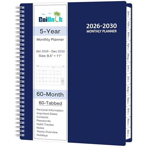 Monthly Planner 2026-2030, 5-Year Calendar Planner 2026-2030, Jan 2026 – Dec 2030, 8.5 x 11 In, Ruled Spread, Flexible Cover, Spiral Wirebound, Pocket, 60 Coated Monthly Tabs, Notes ＆ Habit Tracker, A4 Planner, Blue