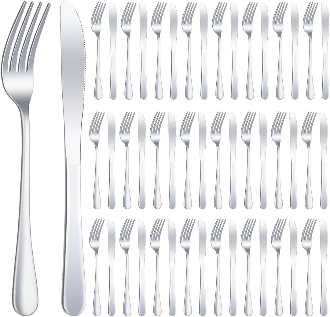 24 Pcs Stainless Steel Silverware Dinner Fork and Knife Set Flatware Forks Silver Tableware Cutlery Set Bulk for Kitchen Restaurant Home (8.1X 1 Inch, 8 X 0.8 Inch)