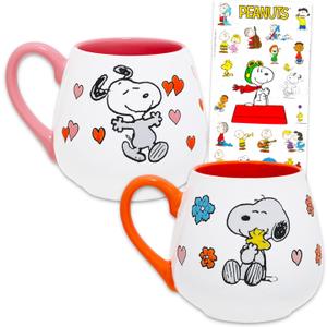 Peanuts Snoopy Mug Gift Set - Bundle with 2 Snoopy Ceramic Coffee Cups with Handles Plus Stickers for Kids, Teens Mug Set for Adults