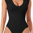 QINSEN Womens Plunge U Neck Cap Sleeve Bodysuit Soft Body Suit Tops Double Lined Shirts M