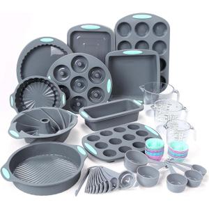 Tongjude 54 Pieces Silicone Baking Pans Set, 10 Silicone Cake Molds, Loaf Pan and Muffin Pans, Non-Stick Baking Cup, with Measuring Cups and Spoons Set, Grey