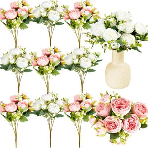 Jexine 12 Bundles Silk Artificial Peonies Flowers Faux Peony Bouquet Fake Peonies Artificial Flowers Bouquets for Vase Floral Arrangements Wedding Home Table Decoration (White,Pink)