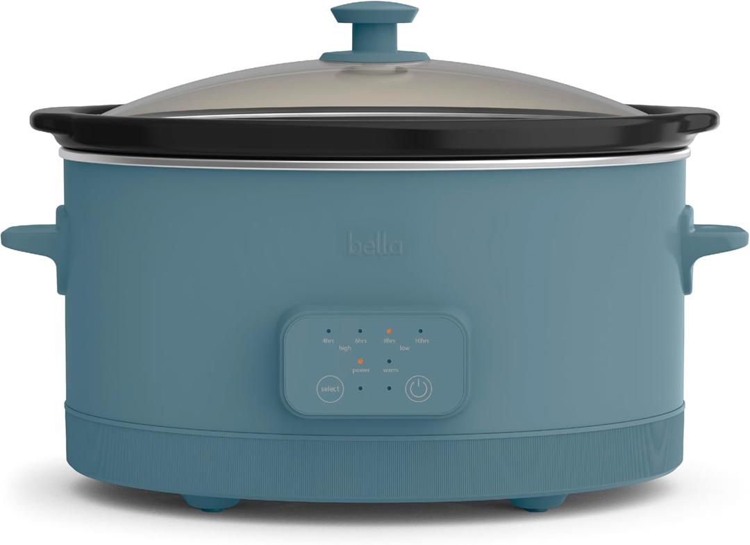 bella 6.0 Qt Programmable Slow Cooker, Ceramic Nonstick Coating, Adjustable Temperature & Cooking Times, Dishwasher Safe Stoneware Pot & Tempered Glass Lid, Tangle Free Cord Wrap, Surf