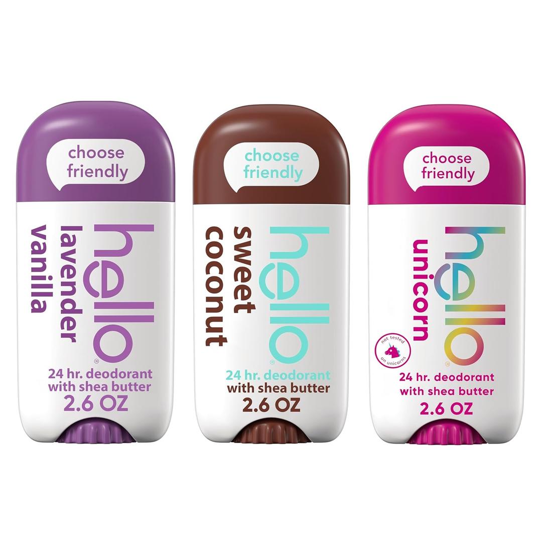 hello Deodorant Variety Pack, Aluminum Free Deodorant for Women and Men with Shea Butter, Lavender Vanilla, Sweet Coconut, Unicorn, Baking Soda Free, 3 x 2.6 oz Sticks (2.6 Ounce (Pack of 3))