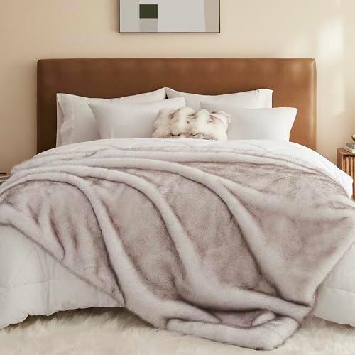L'AGRATY Faux Fur Throw Blanket: 50''x 60'' Luxury Fluffy Plush Thick Faux Fur Blanket for Bed Couch Sofa - Cozy Soft Fuzzy Blankets for Women Man: Minky Couture Decoration Blanket (White Beige)