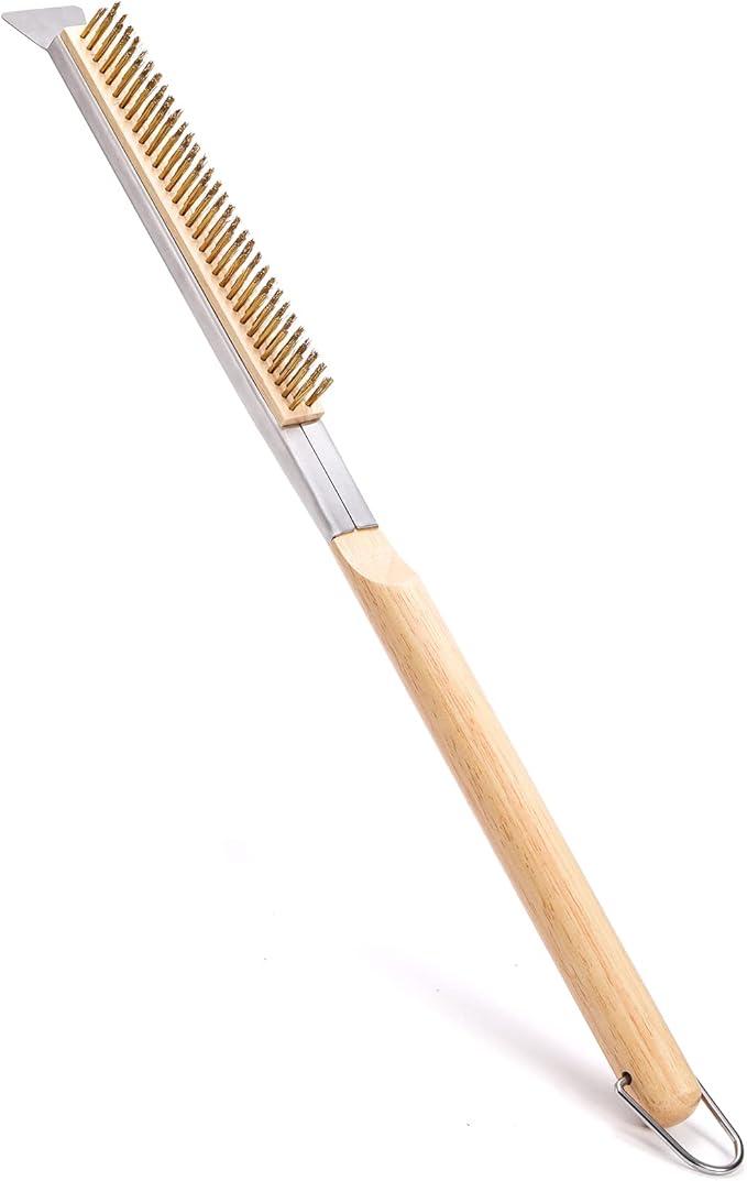 21 Inch Pizza Oven Brush with Scraper, Brass Bristles, Copper Wire Pizza Stone Cleaning Brush for BBQ Grill Cleaning, Outdoor Oven Accessories