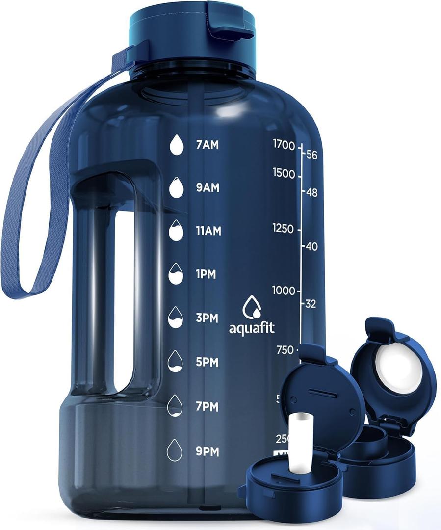AQUAFIT 64 oz Water Bottle with Time Marker - Straw & Chug Lid - BPA Free Half Gallon Gym Water Bottle with Handle - Big Gallon Jug (Nebula, 64 Ounces)