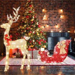 54Christmas Deer Sleigh Set Outdoor Indoor Decoration 3D Lighted Reindeer Red Sleigh Holiday Display Christmas Tree Decorations Lighted up Santa Sleigh Porch/Lawn/Yard/Garden Addition
