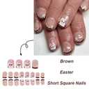 MIXFOSAHN Easter Press on Nails Short Square Fake Nails Brown Nude False Nails with Border Designs Rabbit Flowers Glossy Stick on Nails Glue on Nails Easter Nails Acrylic Nails for Women Girls 24 Pcs