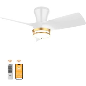 30" White low profile Ceiling Fan with Light, with Gold Trim Ring, Large Air Volume, flush mount ceiling fan for Bedroom Kitchen Dining room Patio