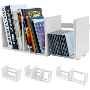 MyGift White Wood Desktop Bookshelf Organizer, Expandable Adjustable Display Shelf Book Rack