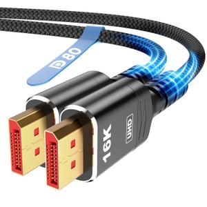 Highwings 80Gbps Displayport Cable 2.1 3.3FT, 16K@60Hz, 8K@120Hz, 4K@240Hz, DP 2.1 Cable 16K Braided Cord, Compatible with HDR10 DSC 1.2a, G-Sync FreeSync Gaming PC, Gaming Monitor 5090, AMD 7900XTX (Black)