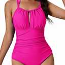 AI'MAGE One Piece Swimsuits for Women Bathing Suits Tummy Control Vintage Slimming Ruched Padded Tie Back Swimwear S-XXL (Medium, Pink)