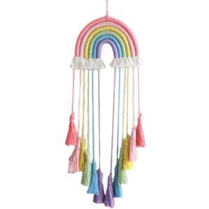 Rainbow Macrame Wall Hanging - Hand-Woven Cotton Tassel Tapestry Decor for Baby Room, Nursery, and Home Decor (Pink Rainbow)