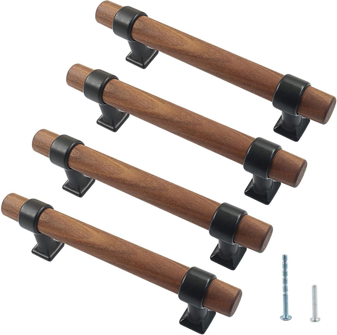 Piutouyar 4 Pack Wood Cabinet Pulls, Wooden Drawer Handle, 96 mm/3-3/4 inch Hole Centers Knob Pull Handles with Screws, Wood Dresser Knobs Pulls for Kitchen, Cabinet, Drawer, Cupboard(Brown)