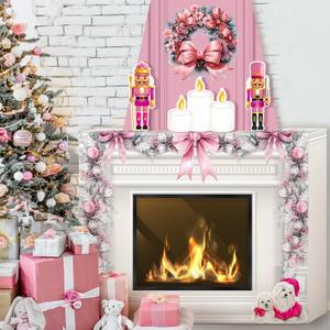 Pink Christmas Fireplace Cardboard Photo Prop 38x30x7 Inch 3D Large Artificial Fake Christmas Fireplace Backdrop with Faux Chimney for Xmas Holiday Party Background Photo Booth Prop Decor
