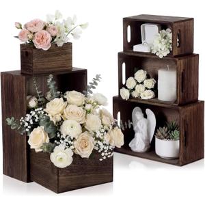 AceOrbit Set of 6 Wood Crates with Handles, Rustic Decorative Storage Boxes Distressed Wooden Nesting Display Baskets for Farmhouse, Wedding, Party Storage Display Supplies (Dark Brown)