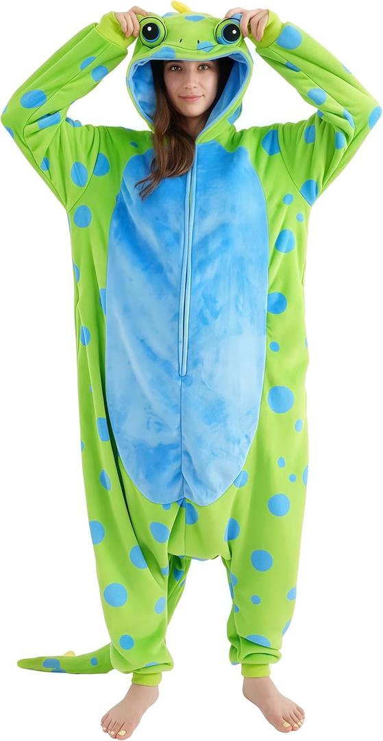 Unisex Adult Onesie Pajamas,Flannel Hooded Sleepwear Halloween Costumes Animal Cosplay Homewear (Large, Lizard)