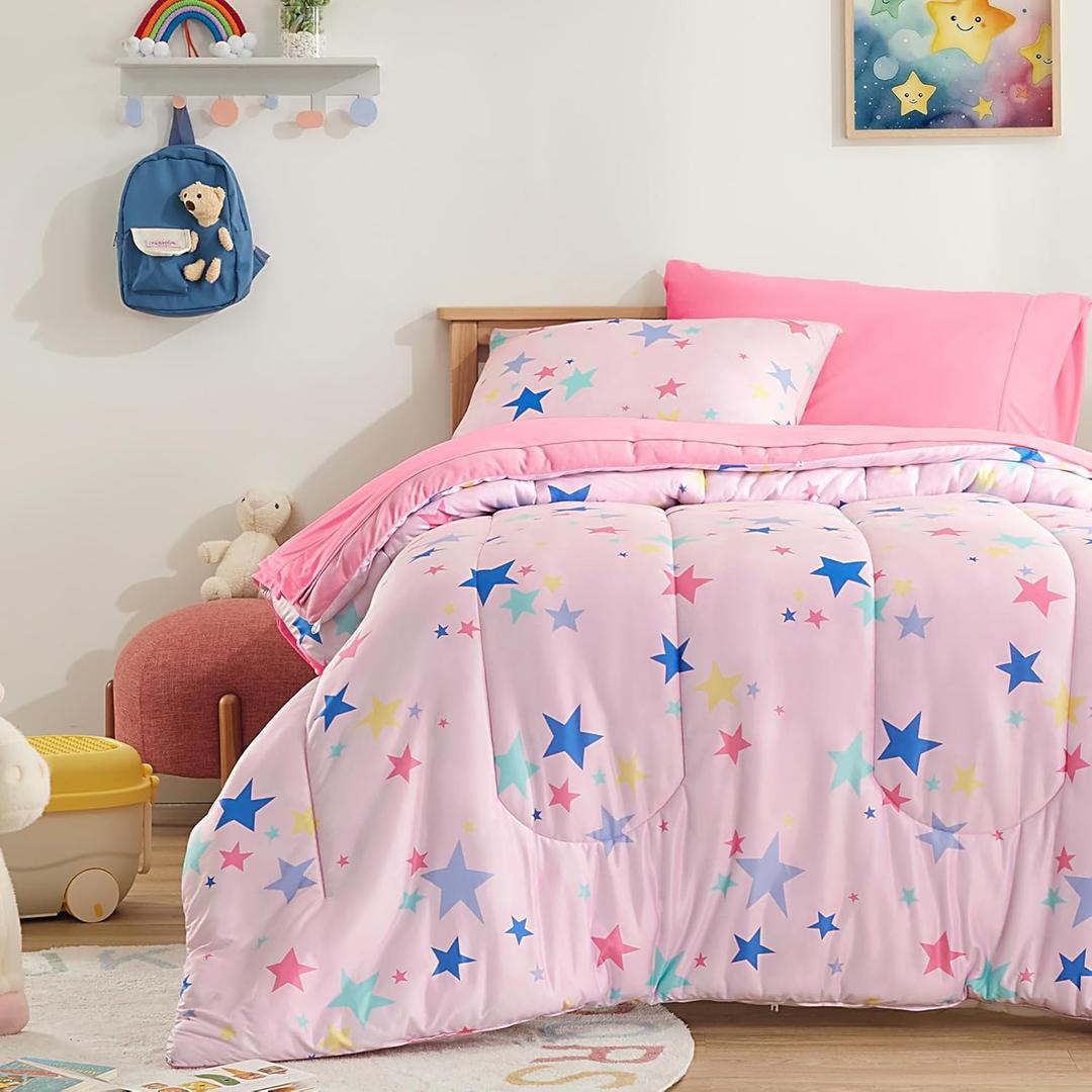 SLEEP ZONE Jersey Knit Pink Comforter Set Twin Size, Breathable & Soft Kids Bedding Set 2-Piece with Comforter, Pillowcase (Colorful Stars, Twin)