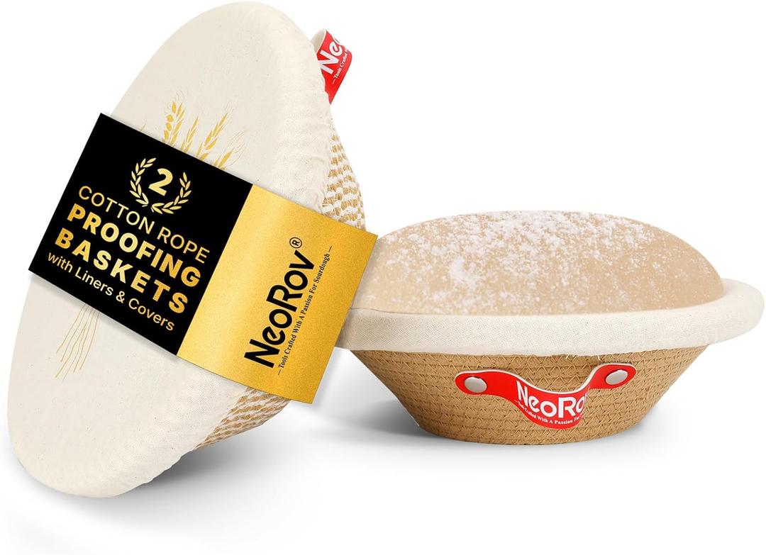 Banneton Bread Proofing Basket Set - 2X Round Sourdough Proofing Baskets - Sourdough Proofing Bowls Bread Baking Supplies With Liner & Cloth Cover - Cotton Rope Banneton Basket for Baking