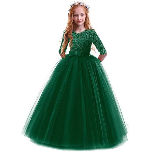 IBTOM CASTLE Girls Embroidery Tulle Lace Bridesmaid Dress Long A Line Wedding Pageant Dresses Birthday Party Formal Dance Evening Gown Dark Green 5-6 Years, Size 130