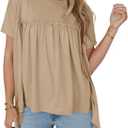 Cicy Bell Women Summer Babydoll Tops Pleated Short Sleeve Crew Neck Peplum Blouse Casual Loose Fit T Shirts (Medium, Khaki)