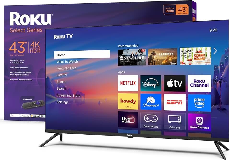 Roku Smart TV – 43-Inch Select Series, 4K HDR TV – Roku TV with Roku Remote – Flat Screen LED Television with Wi-Fi for Streaming Live Local News, Sports, Family Entertainment