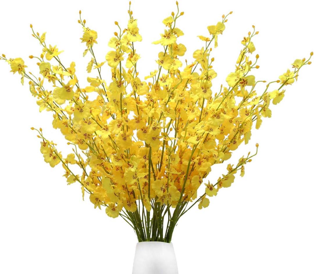 Nubry 12pcs Artificial Orchids Flowers Fake Silk Dancing Lady Orchid Faux Long Stem Flowers in Bulk for Home Wedding Office Party Festive Indoor Outdoor Decoration (Yellow)