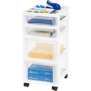 IRIS USA Plastic Drawer Storage Organizer Rolling Cart, with Wheels Casters, 4-Drawers, for Classroom Art Craft Supplies Dresser Closet Bathroom Laundry Room, White/Clear
