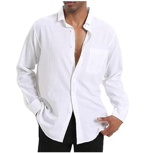 ZEROYAA Men's Fitted Cotton Linen Long Sleeve Banded Collar Button Up Shirts Lightweight Beach Tops with Pocket, Size XL