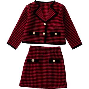 WDIRARA Girl's 2 Piece Houndstooth Outfits Tweed Jacket and Skirt Set Tea Party Suits (Red, M)