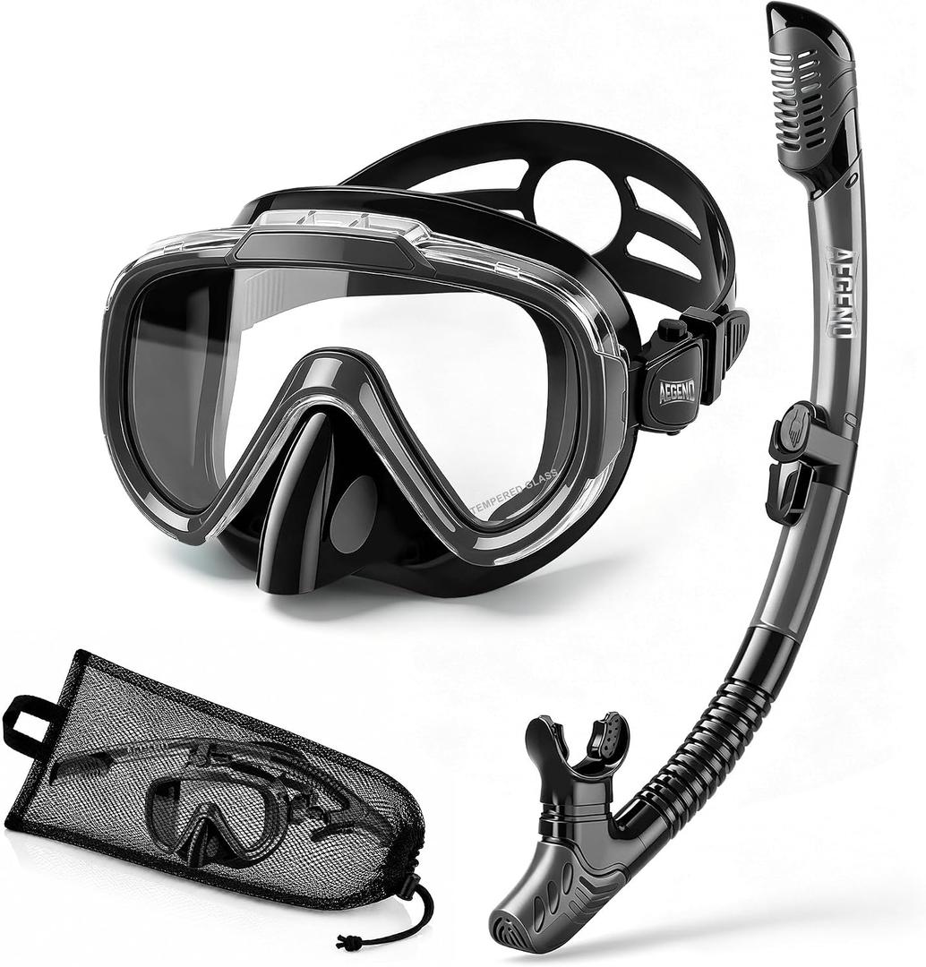 Aegend Snorkeling Gear for Adults, Dry Snorkel Set with Ergonomic Raised Nose Cover for Anti-Fog with Mesh Bag, HD View Anti-Leak for Scuba Diving