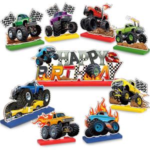Blosssound 9 Pcs Wooden Monster Truck Birthday Table Decorations 3D Monster Truck Table Centerpieces for Happy Birthday Party Decorations Wood Car Themed Party Favor Gift Supplies